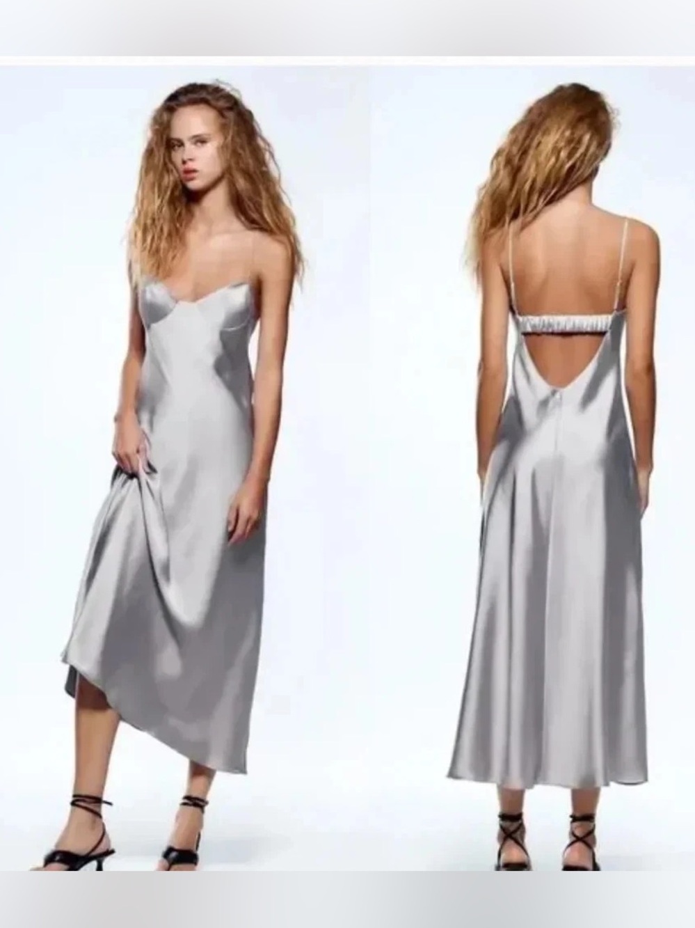 Zara Satin Effect Cut Out Dress in silver gray